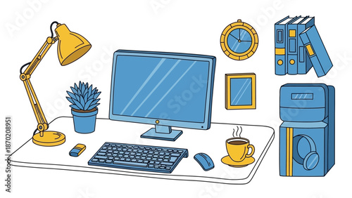 Home Office Workspace with Computer, Desk Lamp, and Accessories.