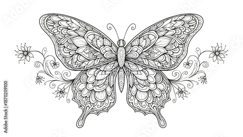 Intricate Butterfly with Floral Accents Coloring Page.