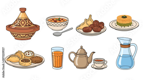 Collection of North African Food Dishes and Beverages including Tajine Pot Samosas Dates Sweet Pastry Tea and Water Carafe for Culinary or Cultural