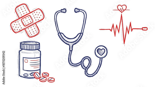 Medical Supplies and Healthcare Doodle Set with Stethoscope Pills and Bandages.