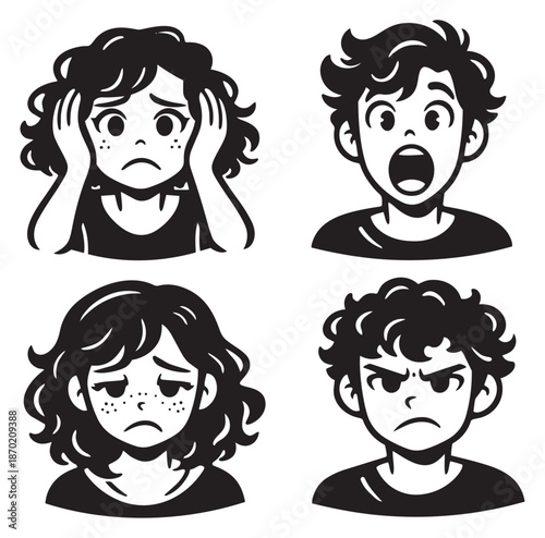 Hand drawn line art emotion avatars set featuring scared, sad, angry, and surprised expressions for communication