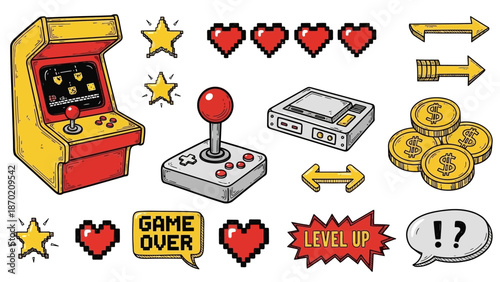 Retro Arcade Game Elements Collection with Joystick, Game Over, and Level Up Icons.