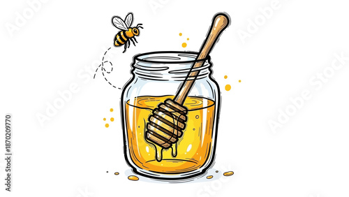 Sweet Golden Honey Jar with Dipper and Flying Bee Illustration.