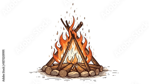 Vibrant Campfire Illustration with Burning Logs and Flames.