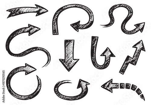 Hand drawn arrows set featuring diverse directional indicators for graphic design