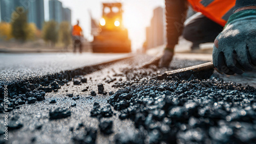 Road construction worker laying asphalt on city street