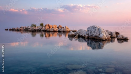 Rocky island reflects sunset sky colors in calm tranquil water.