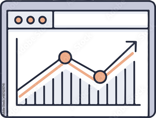 A clean line-art vector illustration of a web browser window displaying a rising line graph over a dense bar chart, representing digital financial tracking and positive market growth.