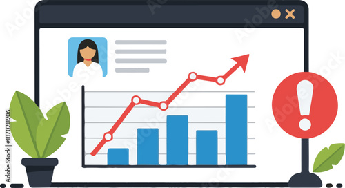 A flat vector illustration of a web browser displaying a financial dashboard with a rising red trend line, blue bar charts, a user profile, and a red alert icon with an exclamation point.