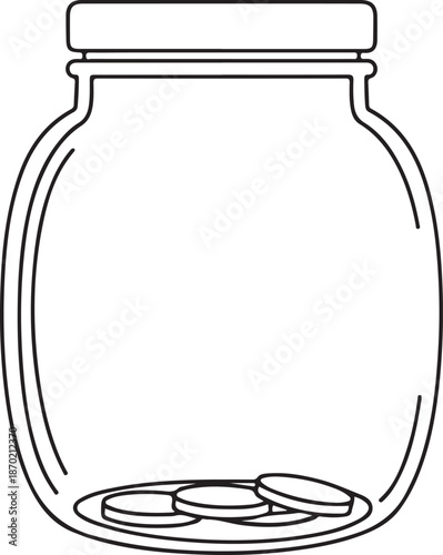 A simple black and white line art vector of a glass jar containing a few coins at the bottom, representing the early stages of saving, collecting tips, or personal budgeting.
