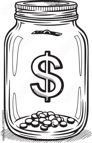 A black and white line art vector of a glass mason jar with a dollar symbol, containing a small pile of coins at the bottom to represent savings, tips, or personal fundraising.
