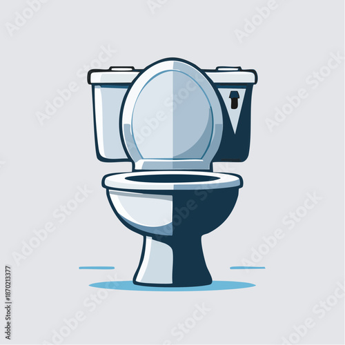 Illustration of a toilet with the lid up in a bathroom setting viewed from the front