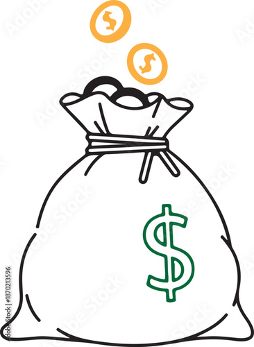 A minimalist line-art vector of a large money bag with a green dollar sign, shown with gold coins being deposited into it, symbolizing profit, wealth accumulation, and successful funding.