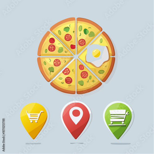 A pizza with various toppings and an egg, illustrated with map pins and shopping icons below it