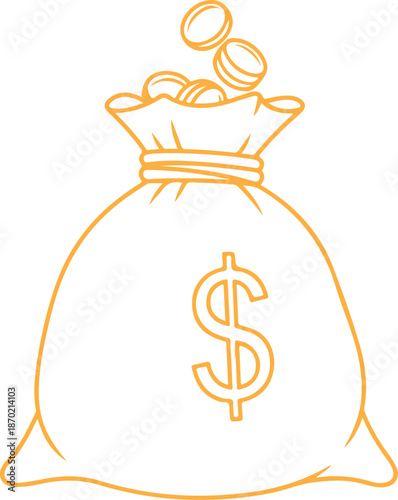 An orange line art vector illustration of a large tied sack with a dollar symbol, overflowing with gold coins, representing substantial wealth, profit, or a financial jackpot.