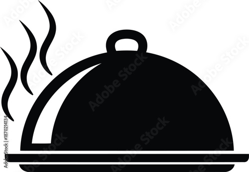 Hot food cloche serving icon with steam   restaurant meal service silhouette vector