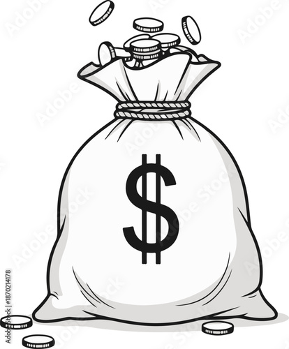 A clean line-art vector illustration of a large money bag featuring a dollar sign, overflowing with various coins, representing wealth, abundance, and successful financial accumulation.