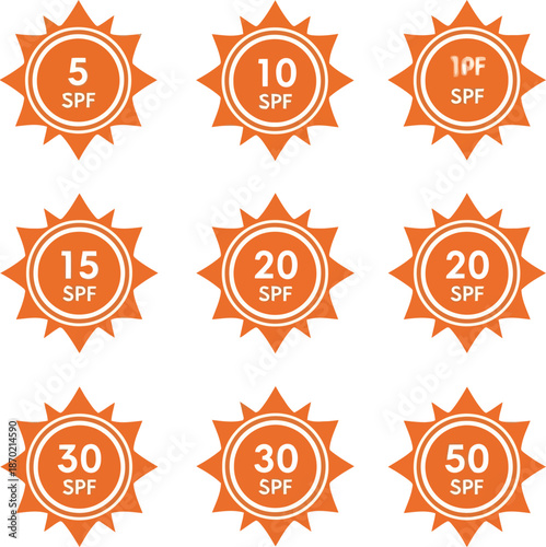 Spf sun protection factor icons set. uv ratings for skincare, sunscreen labels
