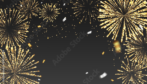 Luxury gold fireworks and confetti on black background
