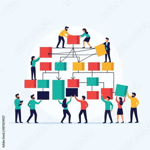 Team of diverse people building a complex organizational chart or process diagram.