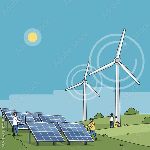 Workers installing solar panels and wind turbines for renewable energy.