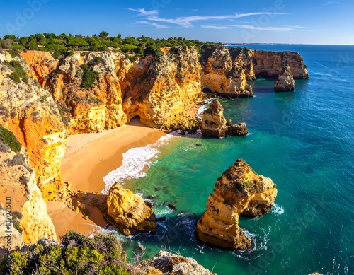 Coastal vista showing cliffs and a small beach. Waves lap against golden sand under a clear blue sky
