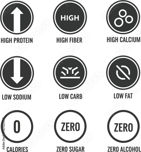 Nutritional claims diet icons for healthy food products: protein, sugar, fat, carb