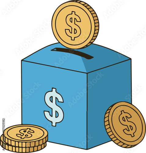A colorful vector illustration of a blue savings box with a dollar symbol, featuring gold coins being deposited and stacked nearby, representing charity, donations, and financial accumulation.