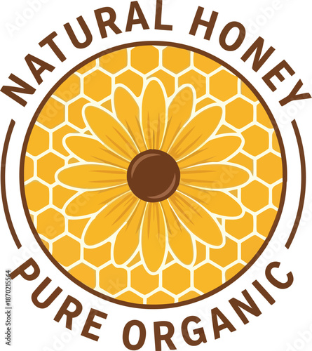 Natural pure organic honey logo emblem with sunflower and honeycomb pattern design