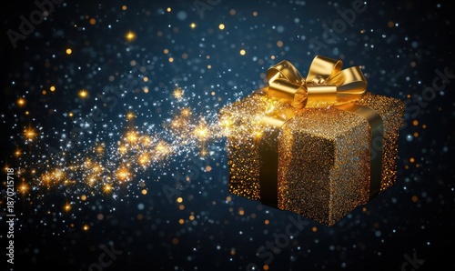 glittering golden gift box with shining ribbon surrounded by sparkling light particles on dark background conveying magic and celebration