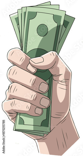 A color vector illustration of a hand firmly clutching a stack of green banknotes, symbolizing wealth, payment, greed, or financial success in a comic-style aesthetic.
