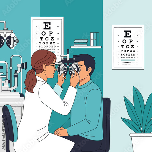 Female optometrist examining male patients vision with phoropter.