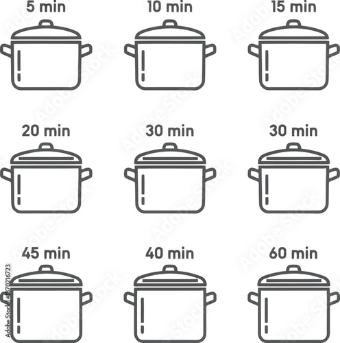 Cooking pot time duration icons set. kitchen food preparation & cooking timers graphic