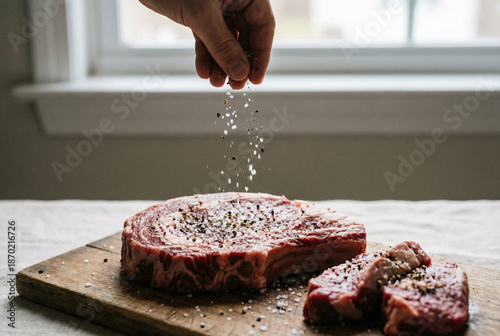A close-up scene of raw meat on a simple surface as seasoning is being gently sprinkled from above.