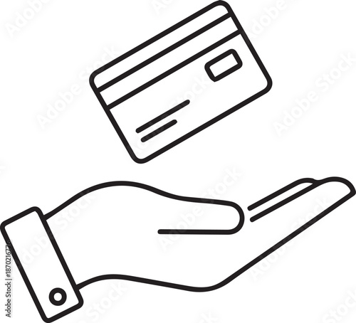 A minimalist black and white line art illustration showing a hand with a credit card floating above it, representing digital payments, banking, and modern financial transactions.