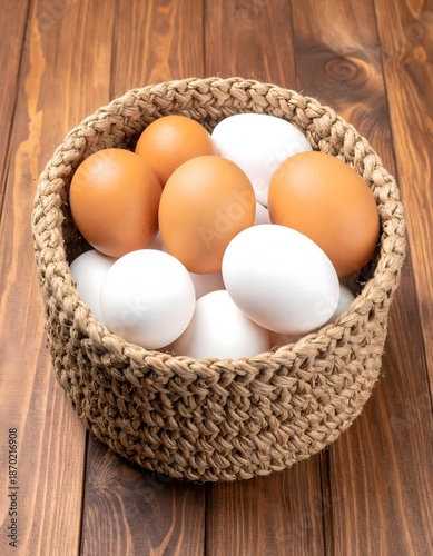Wallpaper Mural Handcrafted round rustic basket in side view with white and brown eggs on warm wood, balanced contrast and organic rural aesthetic conveying naturalness and visual harmony. Torontodigital.ca