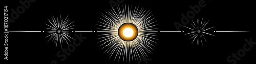 central golden radiant sunburst with two smaller starbursts and decorative horizontal dividers on black background, elegant mystical glow