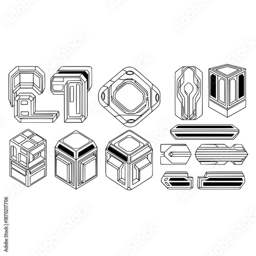 A set of futuristic cube-shaped robotic parts in a technical illustration style