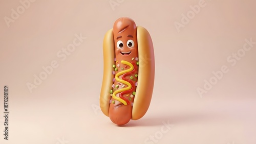 Wallpaper Mural A cartoon hot dog with ketchup and mustard on a bun standing upright on a plain background Torontodigital.ca