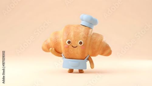 Wallpaper Mural A cartoon croissant character wearing a blue apron and chef hat stands on a light peach background Torontodigital.ca