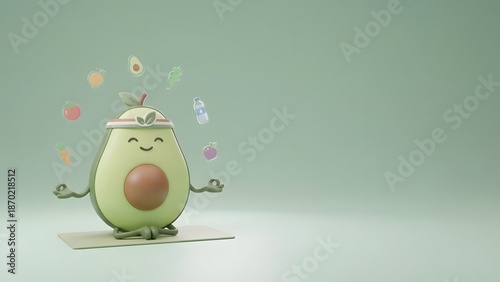 Wallpaper Mural A cartoon avocado character with a smiling face and outstretched arms stands on a platform surrounded by colorful shapes against a light green background Torontodigital.ca