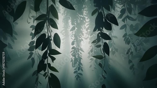 Dark Green Leaves Silhouettes with Light Rays in Forest Scene