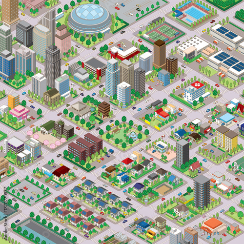 街並みの立体図. 都市の景観. アイソメ図で描いた都市.