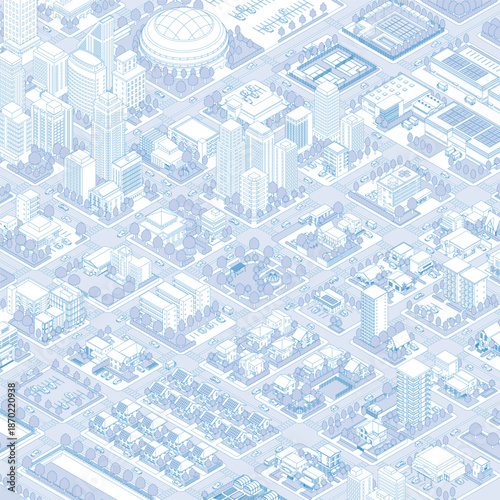 街並みの立体図. 都市の景観. アイソメ図で描いた都市.