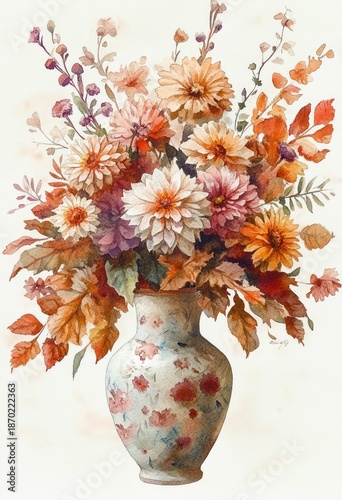 Ceramic vase overflowing with soft peach and orange dahlias, autumn leaves and delicate stems in a warm nostalgic watercolor still life