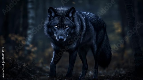 Mysterious black wolf staring directly with intensity in a woodland setting