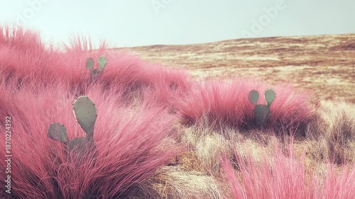 Surreal Landscape with Pink Grass and Cactus in a Dreamy Desert Setting
