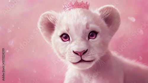 Charming White Lion Cub Adorned with a Pink Crown: A Whimsical Illustration