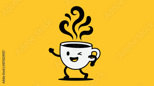 Happy Coffee Cup Character on Yellow Background.