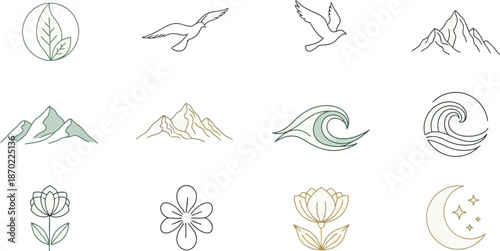 Set of vector nature icons featuring floral designs and leaf patterns with black silhouette illustrations of trees, birds, and butterflies for tribal tattoo art and spring decoration elements